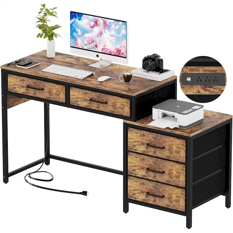 Scrivania per computer da 55" con 5 cassetti in tessuto, scrivania da ufficio con prese di corrente e supporto per stampante