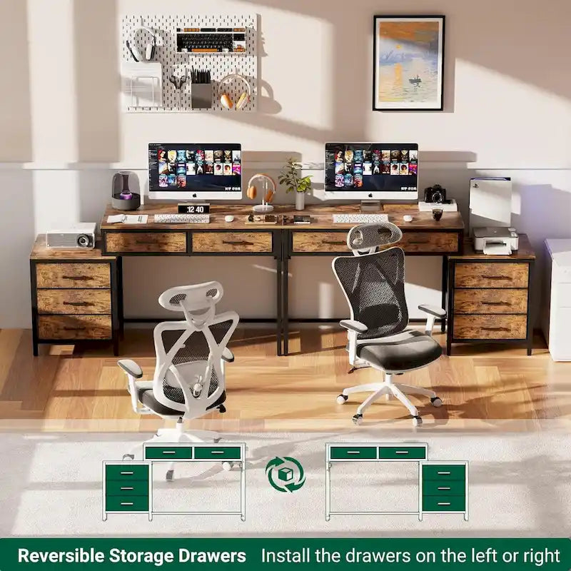 Scrivania per computer da 55" con 5 cassetti in tessuto, scrivania da ufficio con prese di corrente e supporto per stampante