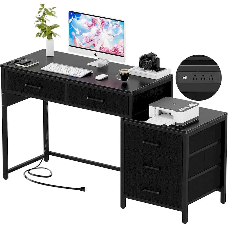 Scrivania per computer da 55" con 5 cassetti in tessuto, scrivania da ufficio con prese di corrente e supporto per stampante