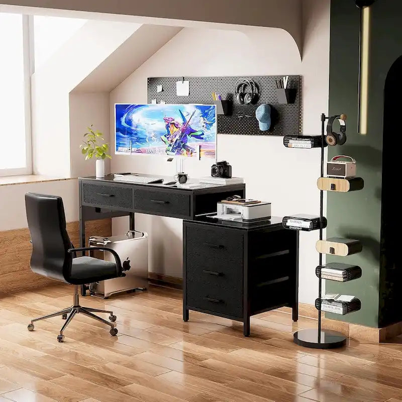 Scrivania per computer da 55" con 5 cassetti in tessuto, scrivania da ufficio con prese di corrente e supporto per stampante