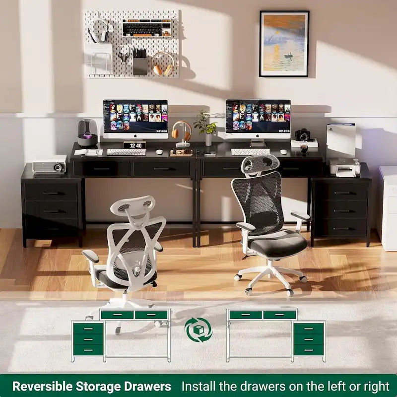 Scrivania per computer da 55" con 5 cassetti in tessuto, scrivania da ufficio con prese di corrente e supporto per stampante