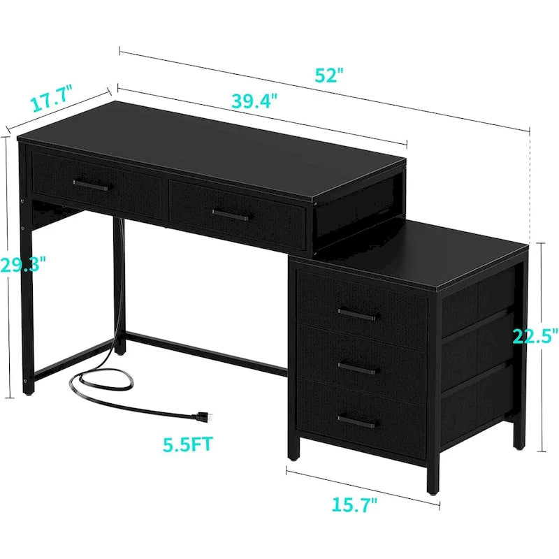 Scrivania per computer da 55" con 5 cassetti in tessuto, scrivania da ufficio con prese di corrente e supporto per stampante
