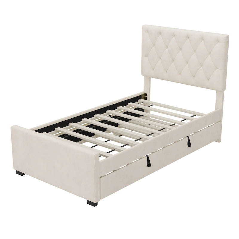 Letto a Piattaforma Imbottito Una Piazza con Letto Estraibile e Testiera Regolabile Letto con Alette Senza Bisogno di Rete a Molle Letto con Supporto a Doghe in Legno