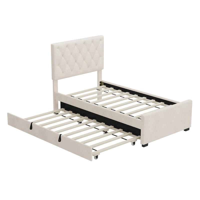 Letto a Piattaforma Imbottito Una Piazza con Letto Estraibile e Testiera Regolabile Letto con Alette Senza Bisogno di Rete a Molle Letto con Supporto a Doghe in Legno