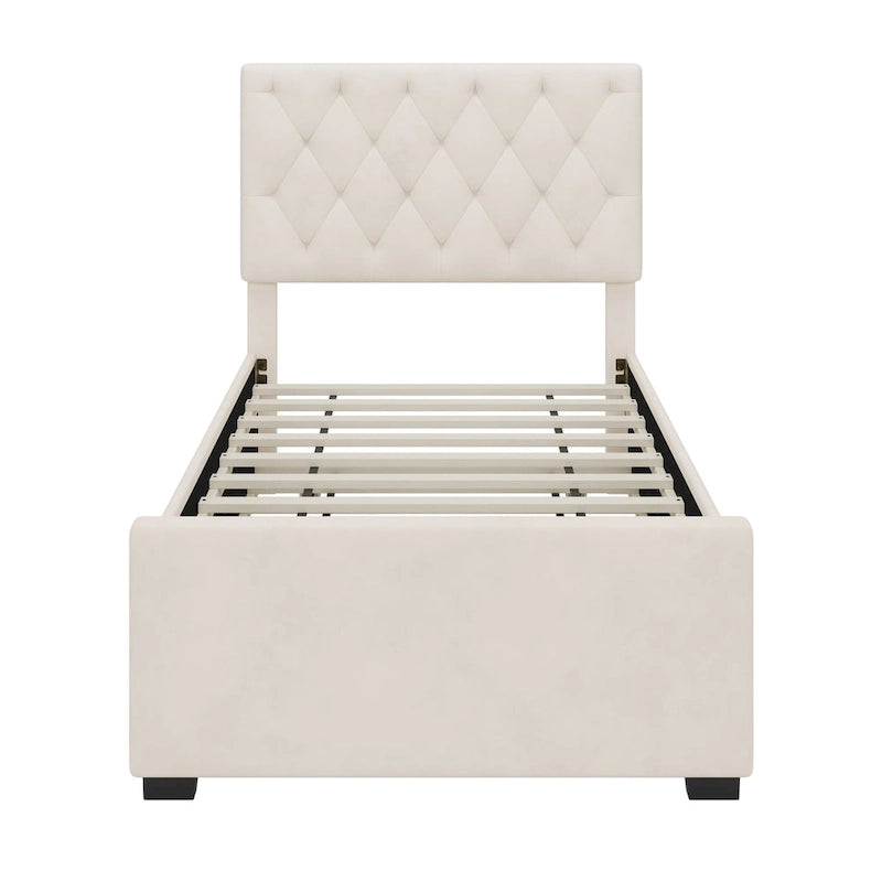 Letto a Piattaforma Imbottito Una Piazza con Letto Estraibile e Testiera Regolabile Letto con Alette Senza Bisogno di Rete a Molle Letto con Supporto a Doghe in Legno