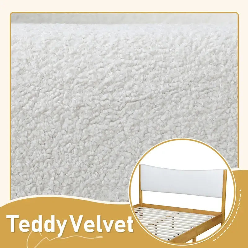Letto in legno di gomma naturale matrimoniale con base a piattaforma e testiera imbottita in velluto Teddy