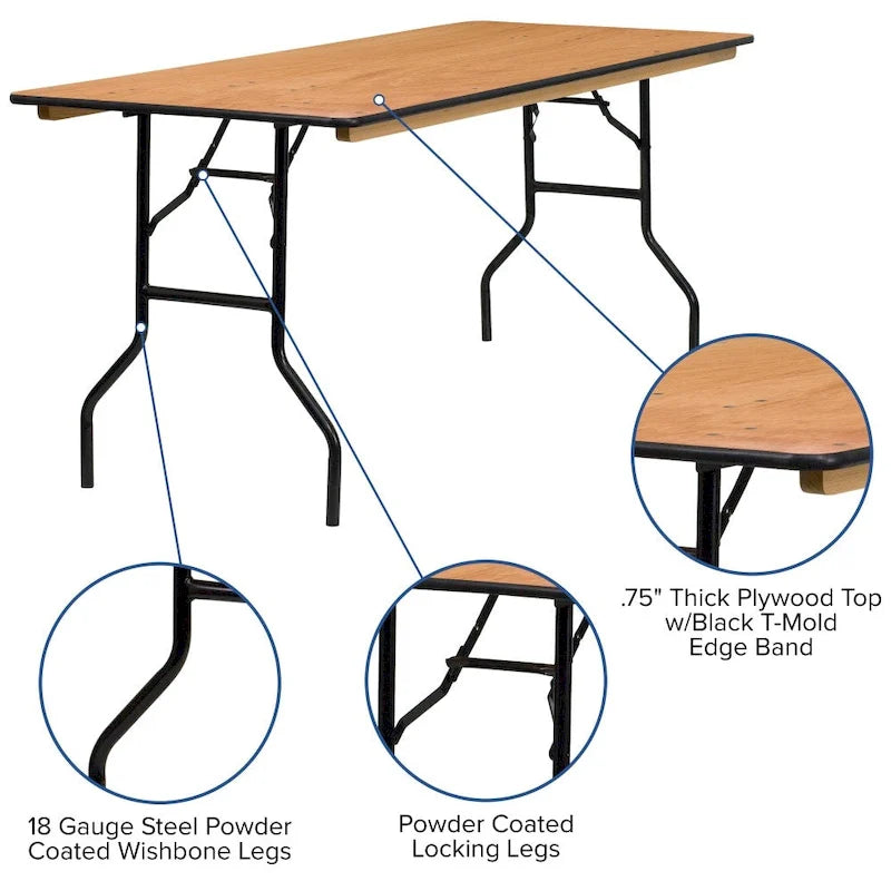 Tavolo per banchetto rettangolare pieghevole in legno da 6 piedi con piano con finitura trasparente – 72P x 30L x 30,25A