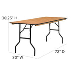Tavolo per banchetto rettangolare pieghevole in legno da 6 piedi con piano con finitura trasparente – 72P x 30L x 30,25A