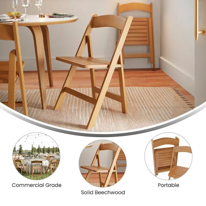 Sedia Pieghevole Portatile da Pranzo in Legno Massello di Qualità Commerciale - 44,5 L x 45,7 P x 79,4 H cm
